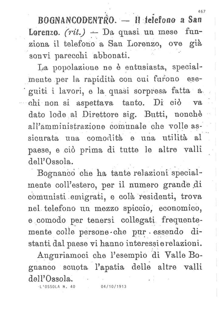 telefono a san lorenzo bognanco articolo storico 1913