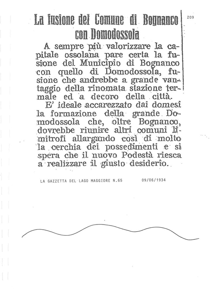 fusione comune bognanco domodossola 1934